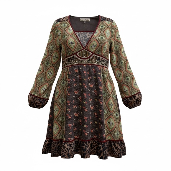 Double D Ranch Western Print Dress Beaded Embellished Boho Cowgirl XL Leopard - Picture 2 of 15